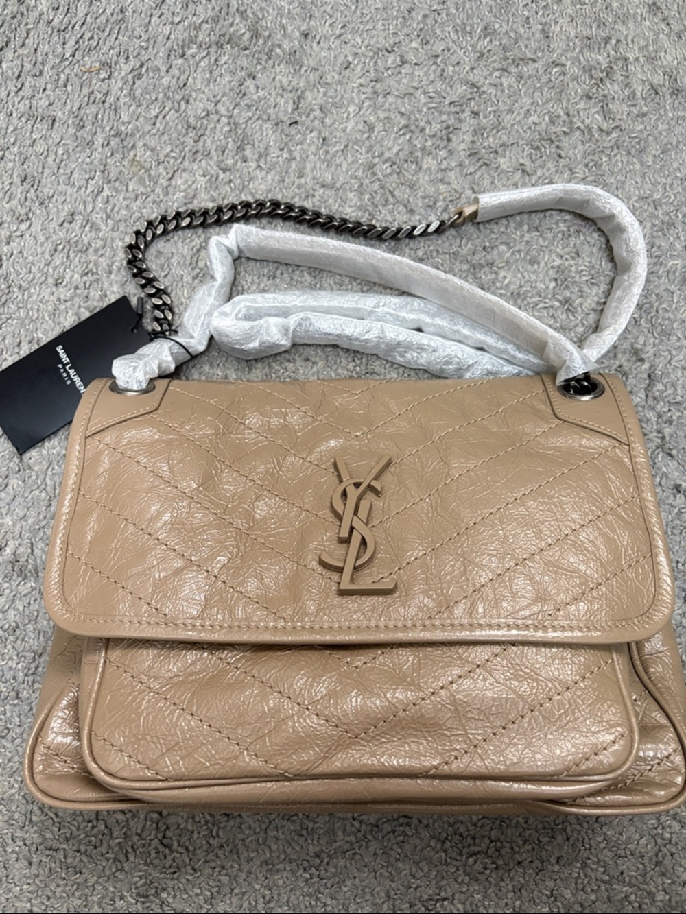 Saint Laurent Taupe Crinkle Calfskin Matelasse Medium Niki